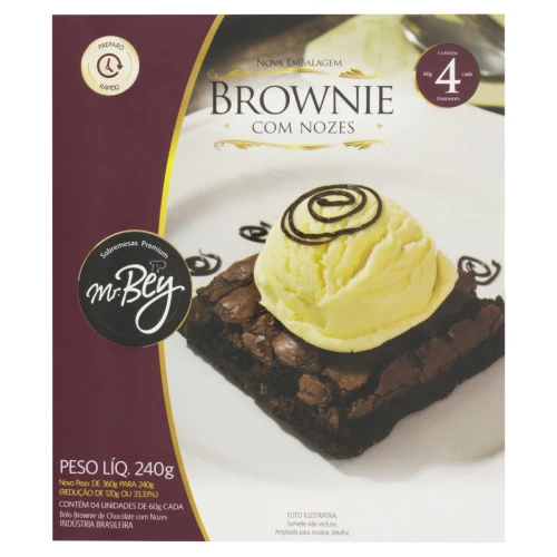 BROWNIE CONGELADO CHOCOLATE COM NOZES MR BEY SOBREMESAS PREMIUM CAIXA 240G 4 UNIDADES
