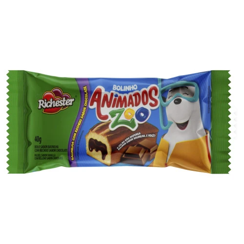 BOLINHO BAUNILHA RECHEIO CHOCOLATE RICHESTER ANIMADOS ZOO PACOTE 40G