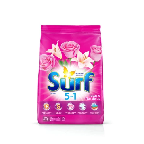 LAVA-ROUPAS EM PÓ 5 EM 1 ROSAS E FLOR-DE-LIS SURF PACOTE 800G
