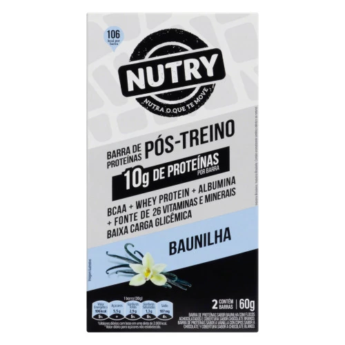 PACK BARRA DE PROTEÍNA BAUNILHA COBERTURA CHOCOLATE BRANCO NUTRY PÓS TREINO CAIXA 60G 2 UNIDADES