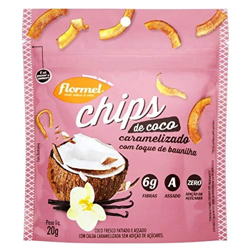 CHIPS DE COCO CALDA CARAMELIZADA COM TOQUE DE BAUNILHA FLORMEL POUCH 20G