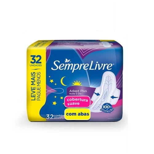 ABSORVENTE EXTERNO SEMPRE LIVRE ADAPT PLUS NOITE E DIA SECA COM ABAS LEVE MAIS PAGUE MENOS 32 UNIDADES