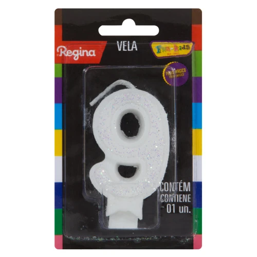 VELA DE ANIVERSÁRIO BRANCA Nº 9 SUPER GLITTER REGINA CARTELA