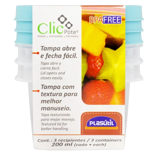 POTE PLÁSTICO QUADRADO 200ML PLASÁTIL CLIC 3 UNIDADES