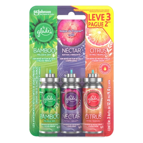 ODORIZADOR DE AMBIENTE BAMBOO NÉCTAR E CITRUS GLADE TOQUE DE FRESCOR BLISTER 12ML CADA REFIL LEVE 3
