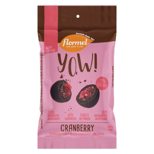 CRANBERRY COBERTURA CHOCOLATE 72 CACAU ZERO LACTOSE FLORMEL YOW PACOTE 40G