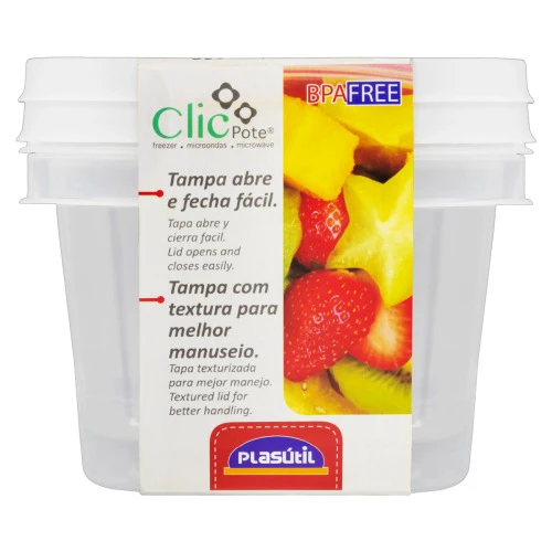 POTE PLÁSTICO QUADRADO 500ML PLASÁTIL CLIC 2 UNIDADES
