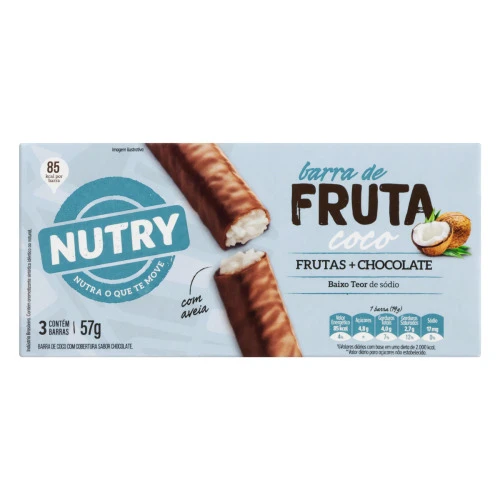 PACK BARRA DE FRUTAS COCO COBERTURA CHOCOLATE NUTRY CAIXA 57G 3 UNIDADES