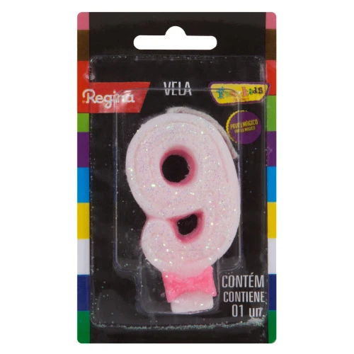 VELA DE ANIVERSÁRIO ROSA Nº 9 SUPER GLITTER REGINA CARTELA
