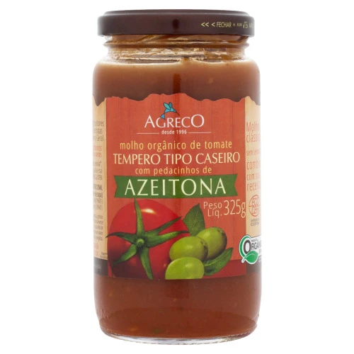 MOLHO DE TOMATE ORGÂNICO AZEITONA AGRECO VIDRO 325G