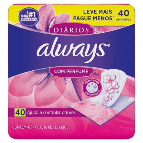 PROTETOR DIÁRIO SEM ABAS COM PERFUME ALWAYS PACOTE 40 UNIDADES LEVE MAIS PAGUE MENOS