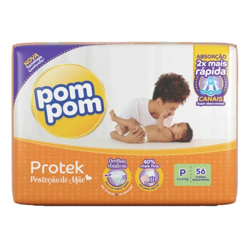 FRALDA DESCARTÁVEL INFANTIL POM POM PROTEK PROTEÇÃO DE MÃE P PACOTE 56 UNIDADES