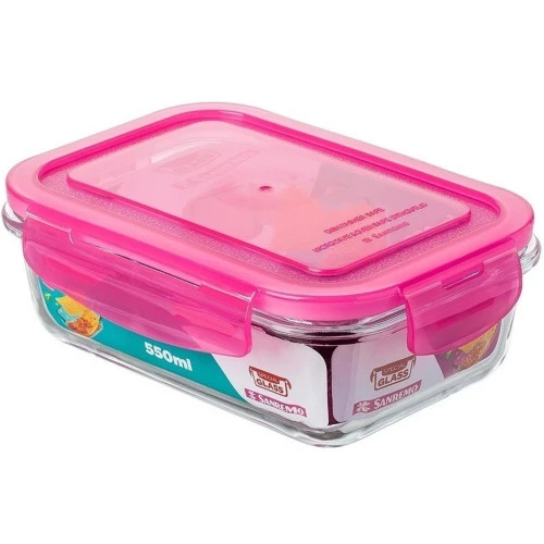 POTE DE VIDRO RETANGULAR COM TAMPA HERMÉTICA 550ML ROSA SANREMO