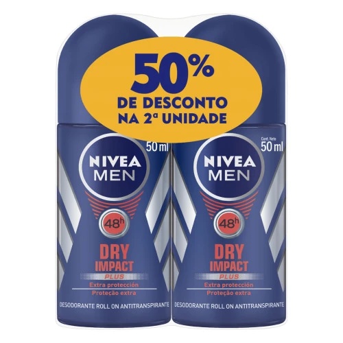 PACK ANTITRANSPIRANTE ROLL ON NIVEA MEN DRY IMPACT PLUS 2 UNIDADES 50ML CADA GRÁTIS 50 DE DESCONTO N