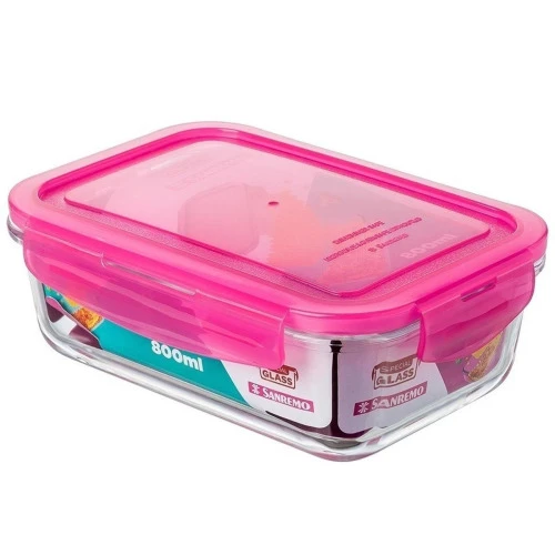 POTE MARMITA DE VIDRO HERMÉTICO RETANGULAR 800ML COM TAMPA ROSA SANREMO