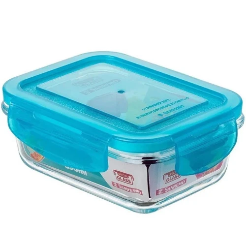 POTE HERMÉTICO VIDRO RETANGULAR COM TAMPA AZUL 330ML SANREMO