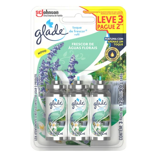 ODORIZADOR DE AMBIENTE ÁGUA S FLORAIS GLADE TOQUE DE FRESCOR BLISTER 12ML CADA REFIL LEVE 3 PAGUE 2