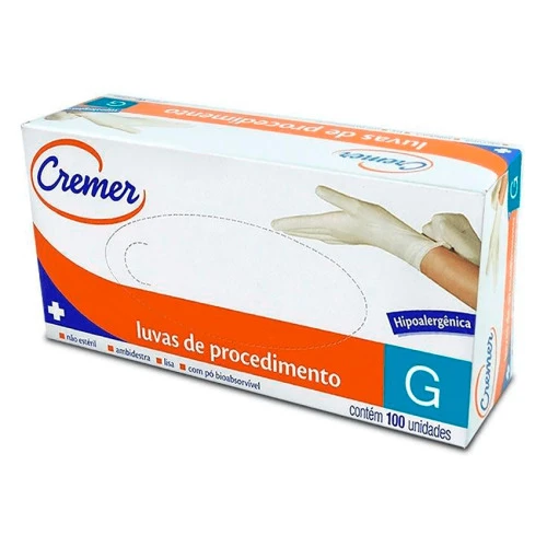 LUVA DE LÁTEX COM PÓ CREMER G 100 UNIDADES
