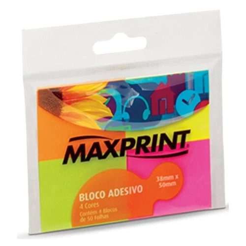 BLOCO ADESIVO MAXPRINT PEQUENO 4 BLOCOS 38X50MM AMARELO VERDE ROSA LARANJA