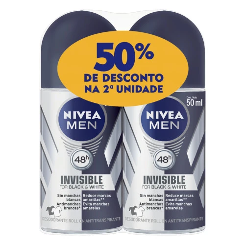 PACK ANTITRANSPIRANTE ROLL ON INVISIBLE BLACK WHITE NIVEA MEN 2 UNIDADES 50ML CADA GRÁTIS 50 DE DESC