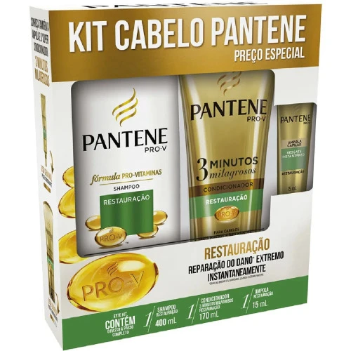 KIT PANTENE PRO V RESTAURAÇÃO SHAMPOO 400ML CONDICIONADOR 3 MINUTOS MILAGROSOS 170ML E AMPOLA 15ML