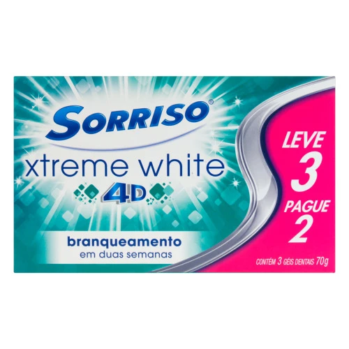 GEL DENTAL BRANQUEADOR SORRISO XTREME WHITE 4D CAIXA 70G CADA LEVE 3 PAGUE 2 UNIDADES