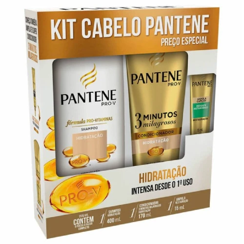 KIT PANTENE PRO V HIDRATAÇÃO INTENSA SHAMPOO 400ML CONDICIONADOR 3 MINUTOS MILAGROSOS 170ML E AMPOLA