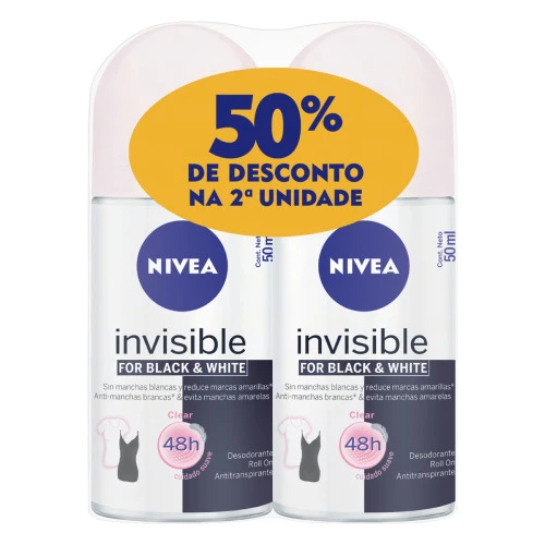 PACK ANTITRANSPIRANTE ROLL ON INVISIBLE BLACK WHITE CLEAR NIVEA 2 UNIDADES 50ML CADA GRÁTIS 50 DE DE