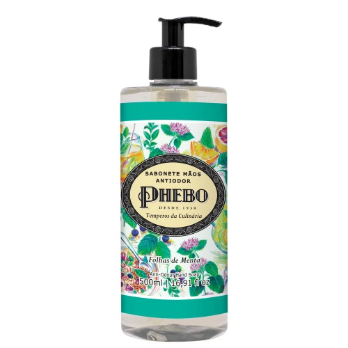 SABONETE LÍQUIDO ANTIODOR PARA AS MÇÕS FOLHAS DE MENTA PHEBO TEMPEROS DA CULINÁRIA FRASCO 500ML