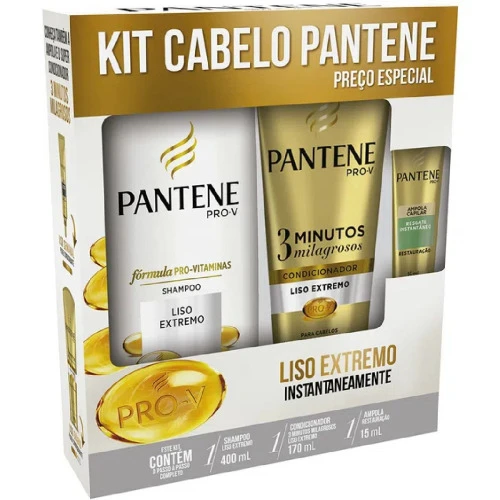 KIT PANTENE PRO V LISO EXTREMO SHAMPOO 400ML CONDICIONADOR 3 MINUTOS MILAGROSOS 170ML E AMPOLA 15ML