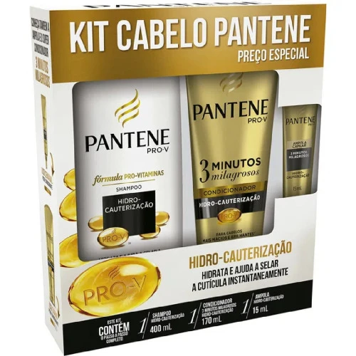 KIT PANTENE PRO V HIDRO CAUTERIZAÇÃO SHAMPOO 400ML CONDICIONADOR 3 MINUTOS MILAGROSOS 170ML E AMPOLA