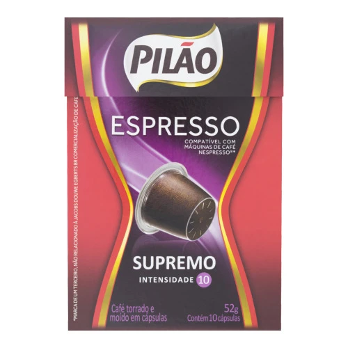 CAFÉ EM CÁPSULA TORRADO E MOÍDO ESPRESSO SUPREMO PILÃO CAIXA 52G 10 UNIDADES
