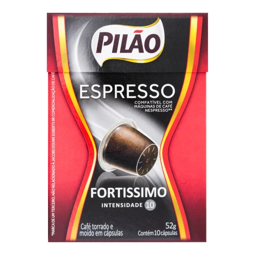 CAFÉ EM CÁPSULA TORRADO E MOÍDO ESPRESSO FORTÍSSIMO PILÃO CAIXA 52G 10 UNIDADES
