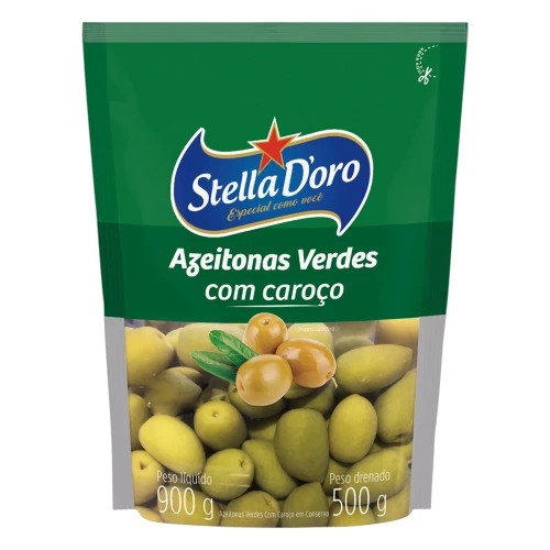 AZEITONA VERDE EM CONSERVA COM CAROÇO STELLA DORO SACHÊ 500G