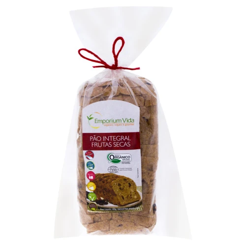 PÃO INTEGRAL ORGÂNICO FRUTAS SECAS ZERO LACTOSE ZERO AÇÚCAR EMPORIUM VIDA PACOTE 400G