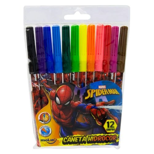 CANETA HIDROGRÁFICA SPIDER MAN MOLIN 12 UNIDADES