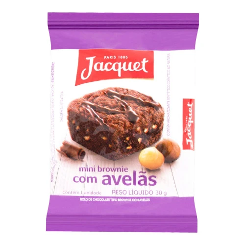 MINI BOLO DE CHOCOLATE TIPO BROWNIE COM PEDAÇOS DE AVELÃ JACQUET 30G