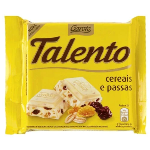 CHOCOLATE BRANCO GAROTO TALENTO CEREAIS E PASSAS 25G