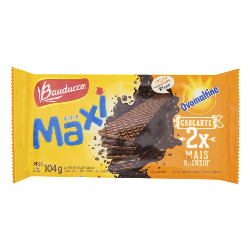 BISCOITO WAFER COM RECHEIO DE CHOCOLATE E EXTRATO DE CEREAL BAUDUCCO MAXI PACOTE 104G