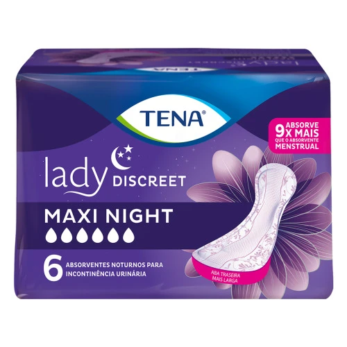 ABSORVENTE SEM ABAS PARA INCONTINÊNCIA URINÁRIA NOTURNO MAXI TENA LADY DISCREET PACOTE 6 UNIDADES