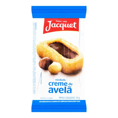 MINIBOLO BAUNILHA COM COBERTURA DE CREME DE AVELÃ E CACAU JACQUET PACOTE 25G