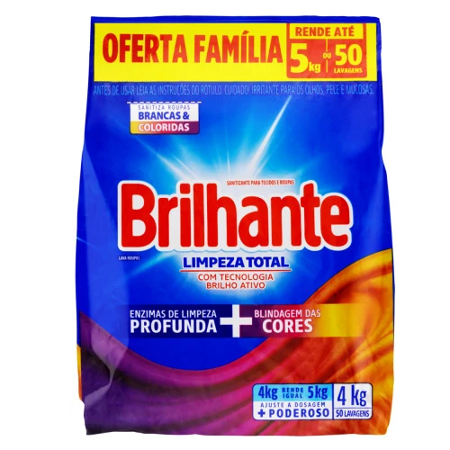 LAVA ROUPAS EM PÓ ROUPAS BRANCAS E COLORIDAS BRILHANTE LIMPEZA TOTAL PACOTE 4KG OFERTA FAMÍLIA