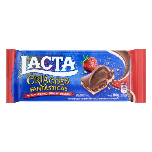 CHOCOLATE AO LEITE RECHEIO GELÉIA DE MORANGO BAUNILHA E AMENDOIM LACTA CRIAÇÕES FANTÁSTICAS PACOTE 1