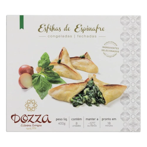 ESFIRRA CONGELADA FECHADA ESPINAFRE DOZZA CAIXA 400G 8 UNIDADES