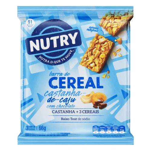 PACK BARRA DE CEREAIS CASTANHA DE CAJU COBERTURA CHOCOLATE NUTRY PACOTE 66G 3 UNIDADES