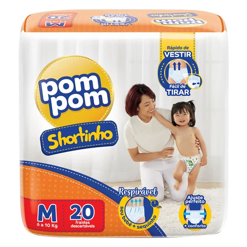 FRALDA DESCARTÁVEL INFANTIL SHORTINHO POM POM M PACOTE 20 UNIDADES