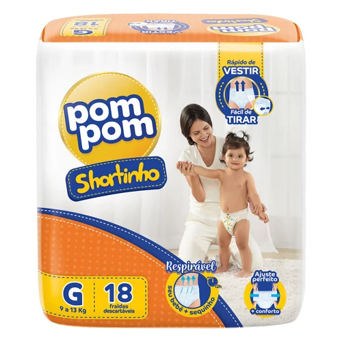 FRALDA DESCARTÁVEL INFANTIL SHORTINHO POM POM G PACOTE 18 UNIDADES