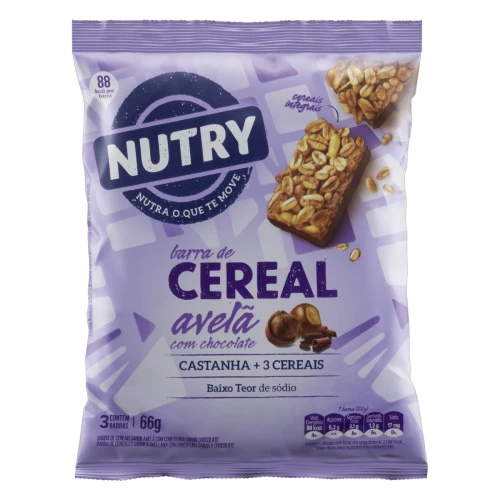 PACK BARRA DE CEREAIS AVELÃ COBERTURA CHOCOLATE NUTRY PACOTE 66G 3 UNIDADES