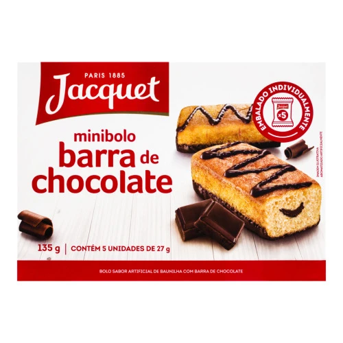PACK MINIBOLO BAUNILHA COM BARRA DE CHOCOLATE JACQUET CAIXA 135G 5 UNIDADES