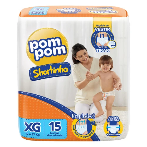 FRALDA DESCARTÁVEL INFANTIL SHORTINHO POM POM XG PACOTE 15 UNIDADES